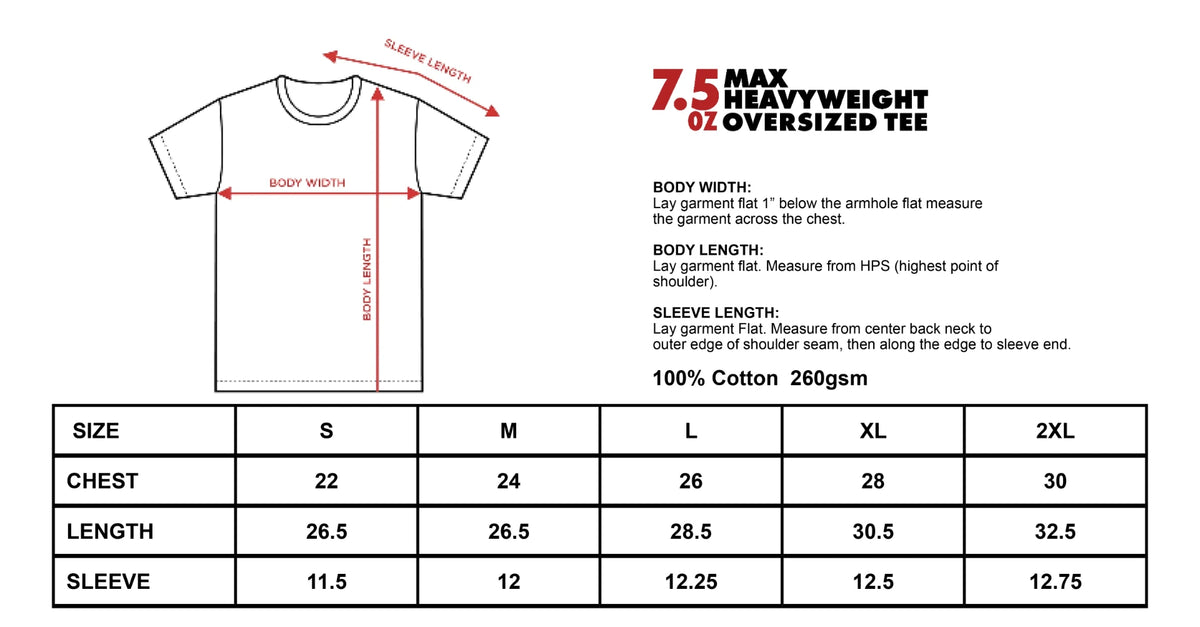 Oversized tee size chart — S to 2XL